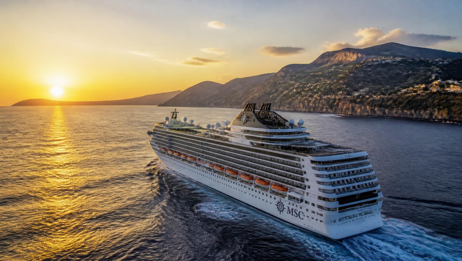 MSC hajó a Földközi-tengeren naplementében